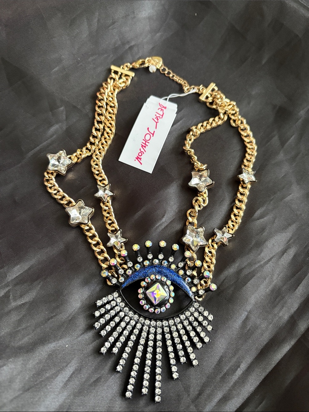 Betsey Johnson EVIL EYE Pendant Necklace Crystal Stars Rhinestones Gold Tone NWT - Picture 1 of 6